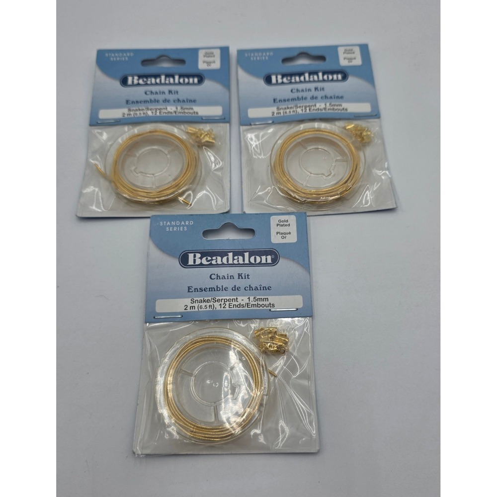 3pk Beadalon Snake Chain Kit 1.5mm Gold Plated 2m 6.5ft 12 Ends 340A-120 Lot